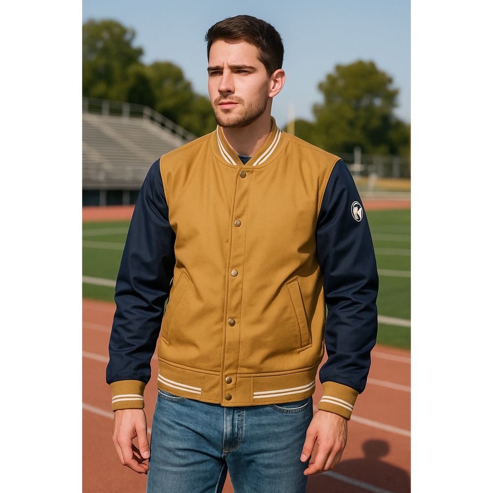 Michael Kors Varsity Jacket XL – Tan‎ & Navy Bomber Coat NWT Logo Patch